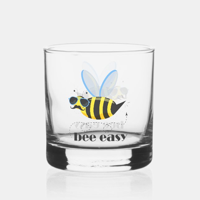 Bee character with moustache sunglasses Bee Easy Whiskey Glass (Front)