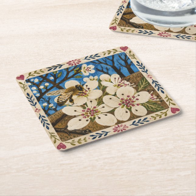 Bee Coaster Set - Bee on Pear Blossoms Folk Art (Angled)