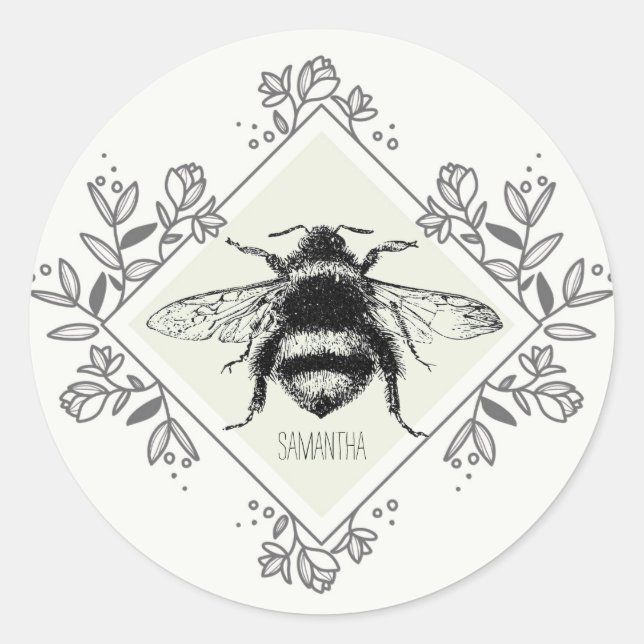Bee Custom Name Floral Border Classic Round Sticker (Front)