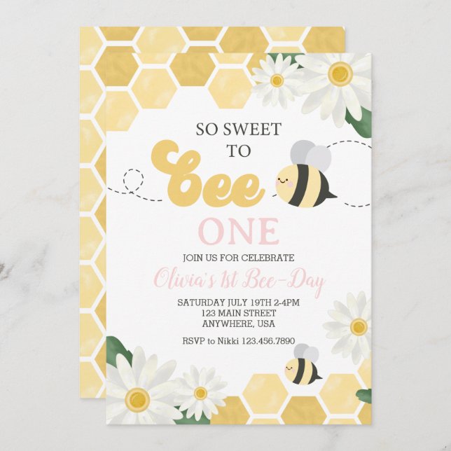 Bee Day bumblebee 1st Birthday Daisy Invitation (Front/Back)
