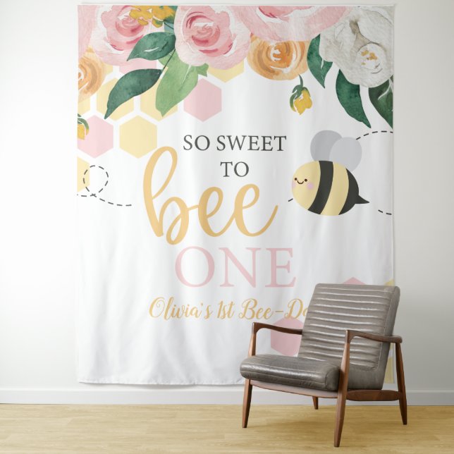 Bee Day Bumblebee 1st Birthday pink floral banner Tapestry (In Situ)