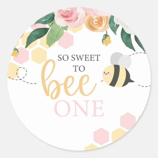 Bee Day Bumblebee 1st Birthday pink floral Classic Round Sticker (Front)