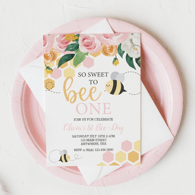 Bee Day bumblebee 1st Birthday pink floral Invitat Invitation (Creator Uploaded)
