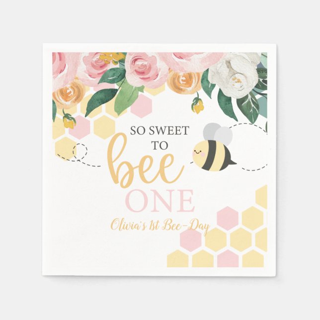 Bee Day Bumblebee 1st Birthday pink floral Napkin (Front)