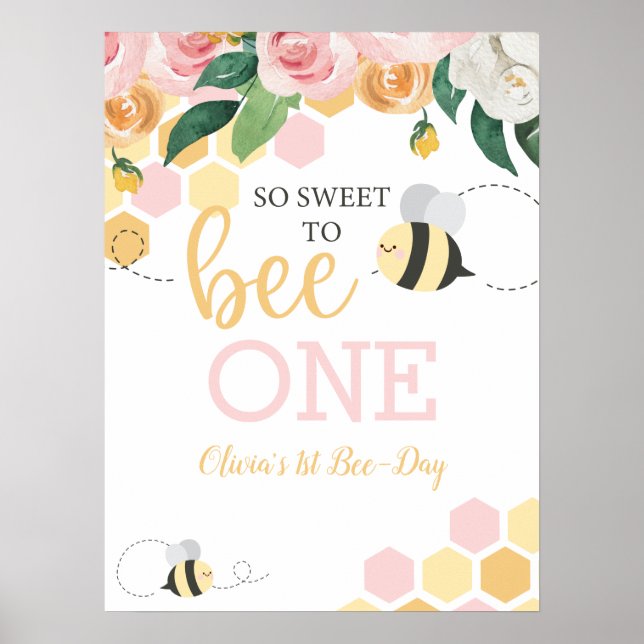 Bee Day Bumblebee 1st Birthday pink floral Poster (Front)