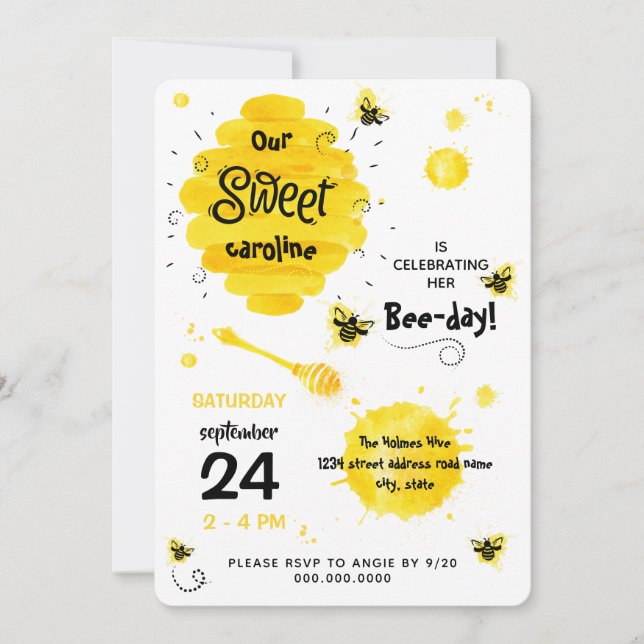 BEE-day Invitation download Honey Bee yellow (Front)