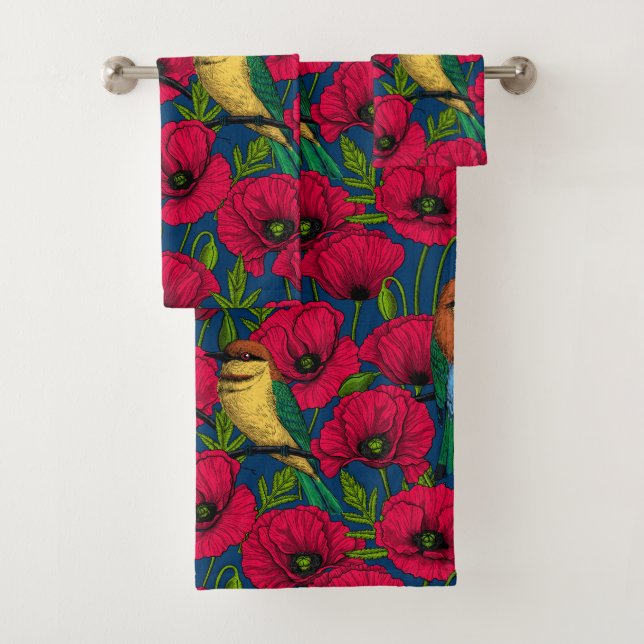 Bee eaters and poppies bath towel set (Insitu)