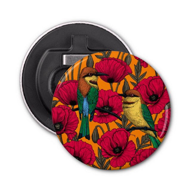 Bee eaters and poppies on orange bottle opener (Front)