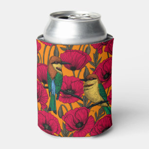 Bee eaters and poppies on orange can cooler
