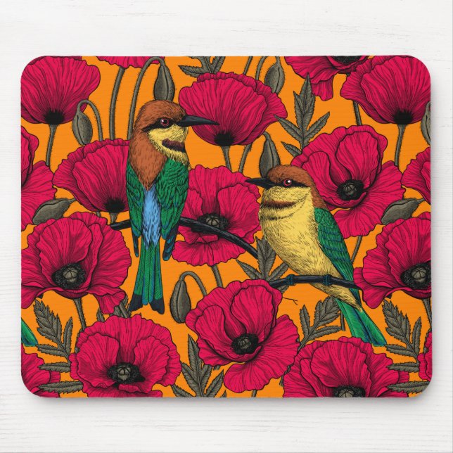 Bee eaters and poppies on orange mouse mat (Front)