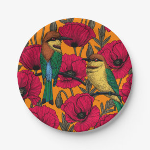 Bee eaters and poppies on orange paper plate