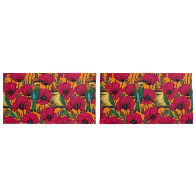 Bee eaters and poppies on orange pillowcase (Front-Set)