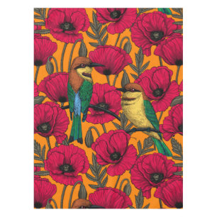 Bee eaters and poppies on orange tablecloth