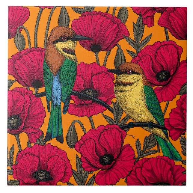 Bee eaters and poppies on orange tile (Front)