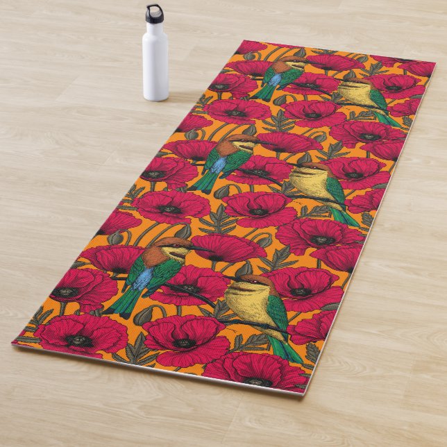 Bee eaters and poppies on orange yoga mat (In Situ)
