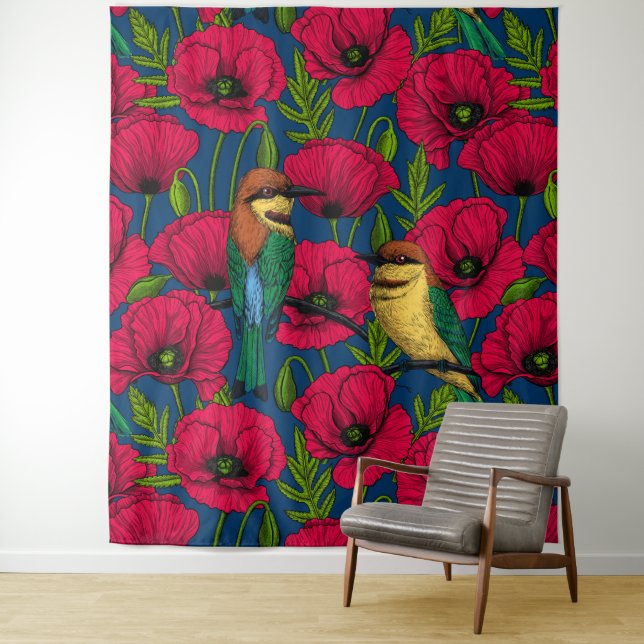 Bee eaters and poppies tapestry (In Situ)