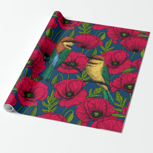 Bee eaters and poppies wrapping paper (Unrolled)