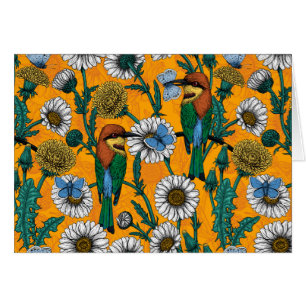 Bee-eaters, blue butterflies and daisies on orange