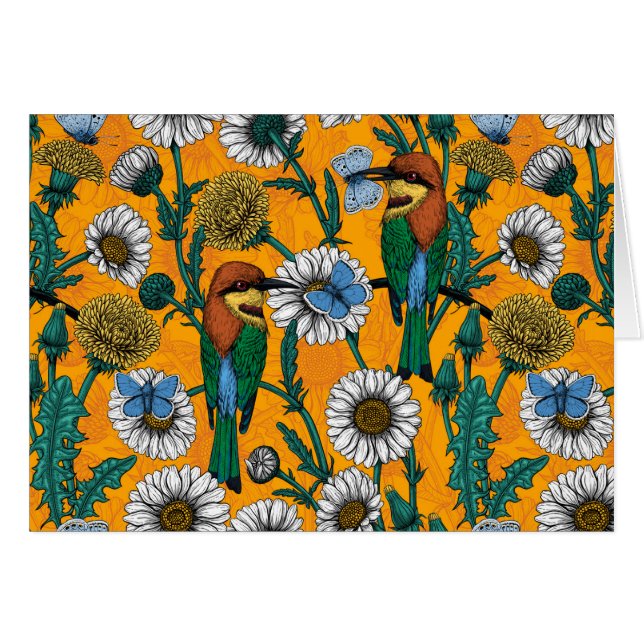 Bee-eaters, blue butterflies and daisies on orange (Front Horizontal)