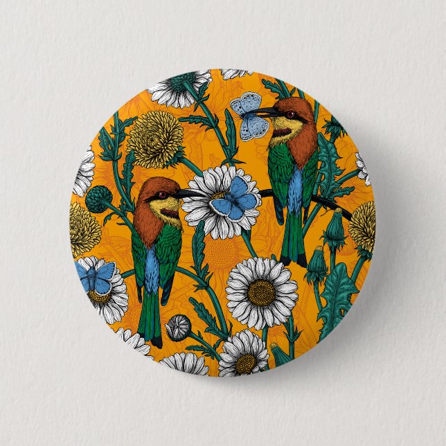 Bee-eaters, blue butterflies and daisies on orange 6 cm round badge (Front)