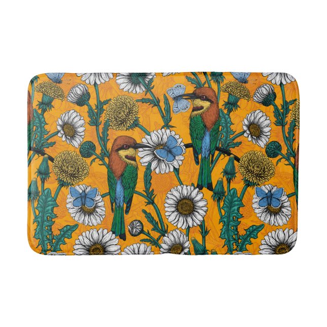 Bee-eaters, blue butterflies and daisies on orange bath mat (Front)
