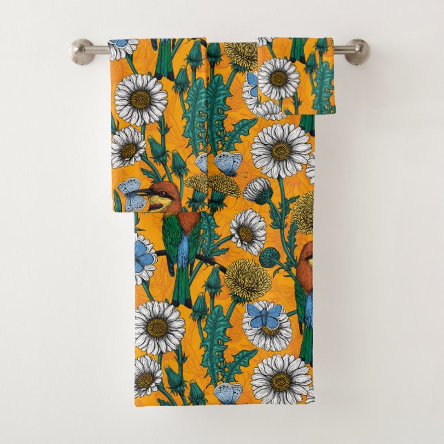 Bee-eaters, blue butterflies and daisies on orange bath towel set (Insitu)
