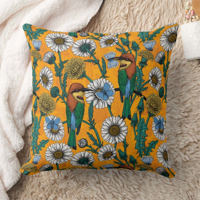 Bee-eaters, blue butterflies and daisies on orange cushion (Blanket)