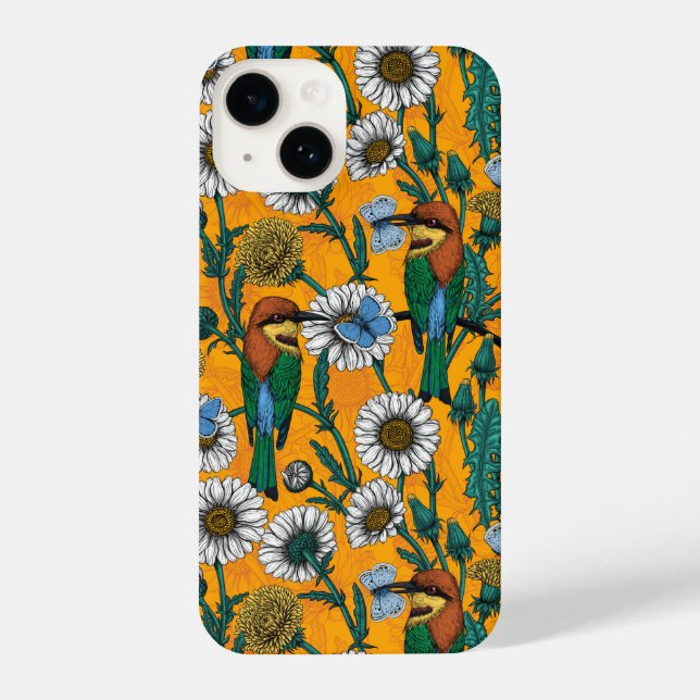 Bee-eaters, blue butterflies and daisies on orange iPhone case (Back)
