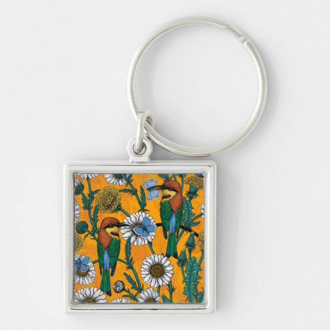 Bee-eaters, blue butterflies and daisies on orange key ring (Front)