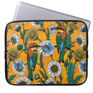 Bee-eaters, blue butterflies and daisies on orange laptop sleeve
