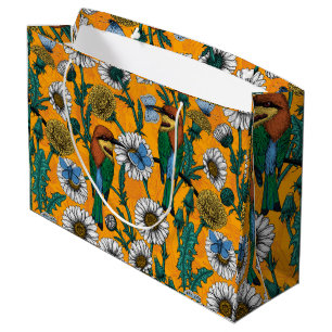 Bee-eaters, blue butterflies and daisies on orange large gift bag