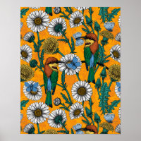 Bee-eaters, blue butterflies and daisies on orange