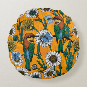 Bee-eaters, blue butterflies and daisies on orange round cushion