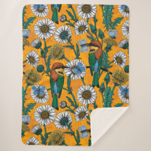 Bee-eaters, blue butterflies and daisies on orange sherpa blanket
