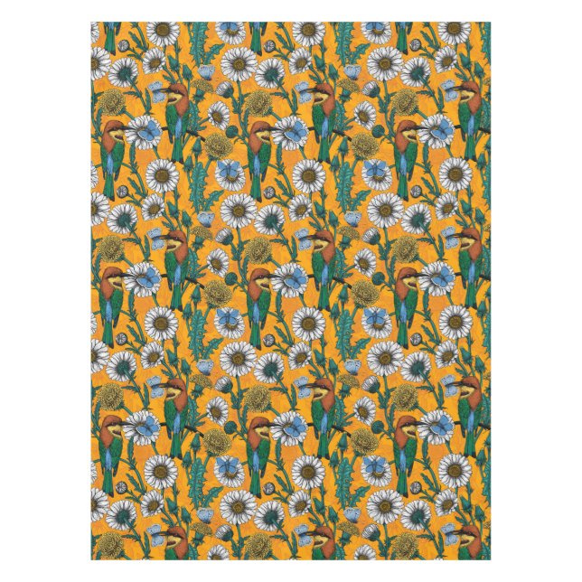 Bee-eaters, blue butterflies and daisies on orange tablecloth (Front)