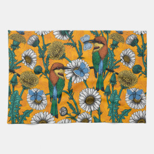 Bee-eaters, blue butterflies and daisies on orange tea towel