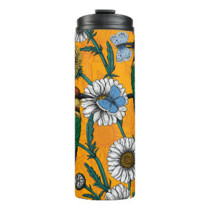 Bee-eaters, blue butterflies and daisies on orange thermal tumbler
