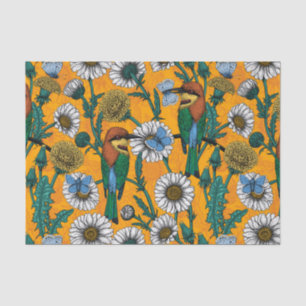 Bee-eaters, blue butterflies and daisies on orange tissue paper