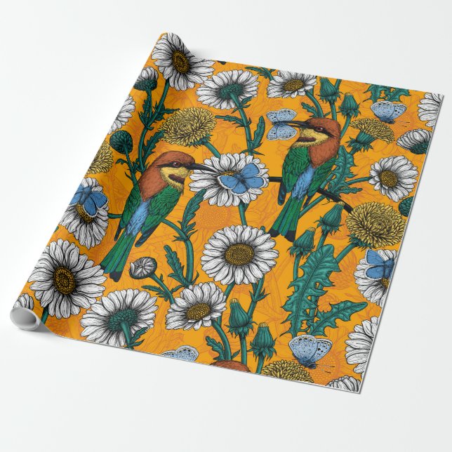 Bee-eaters, blue butterflies and daisies on orange wrapping paper (Unrolled)