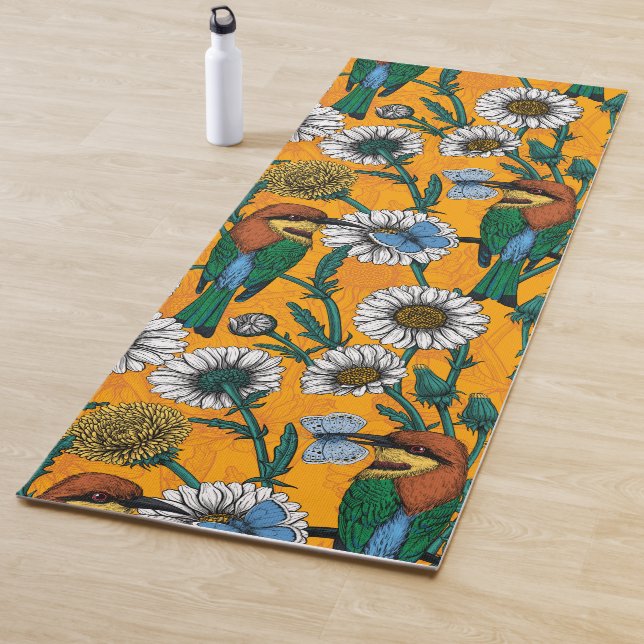 Bee-eaters, blue butterflies and daisies on orange yoga mat (In Situ)