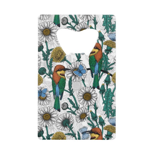Bee-eaters, blue butterflies and daisies on white (Front)