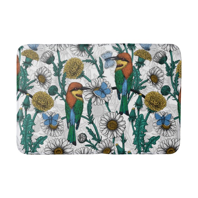 Bee-eaters, blue butterflies and daisies on white bath mat (Front)
