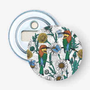 Bee-eaters, blue butterflies and daisies on white bottle opener
