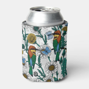 Bee-eaters, blue butterflies and daisies on white can cooler