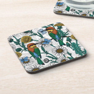 Bee-eaters, blue butterflies and daisies on white coaster