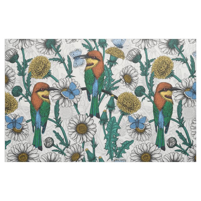 Bee-eaters, blue butterflies and daisies on white fabric (Fat Quarter)