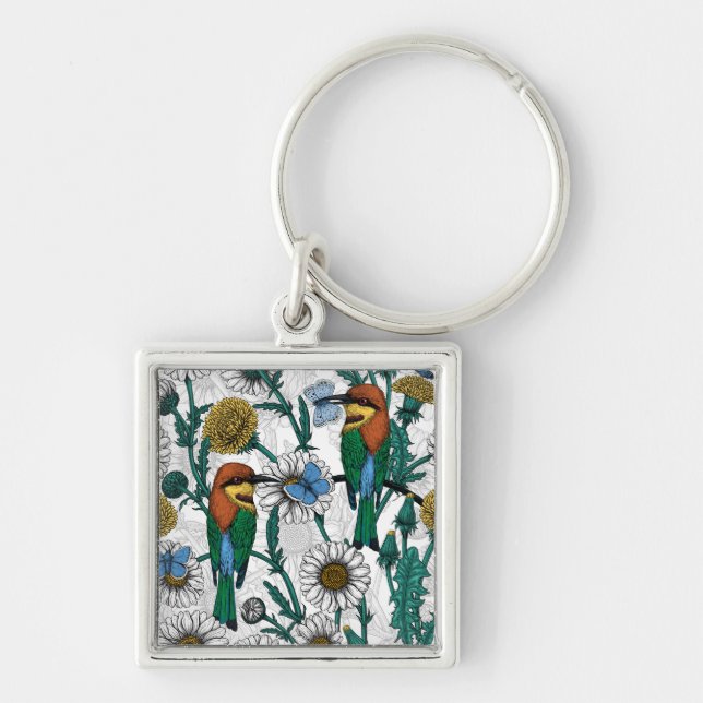 Bee-eaters, blue butterflies and daisies on white key ring (Front)
