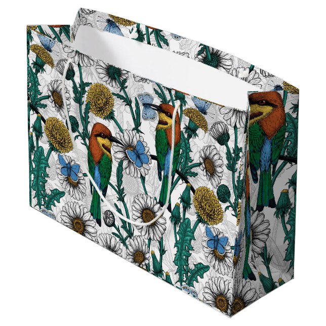 Bee-eaters, blue butterflies and daisies on white large gift bag (Back Angled)