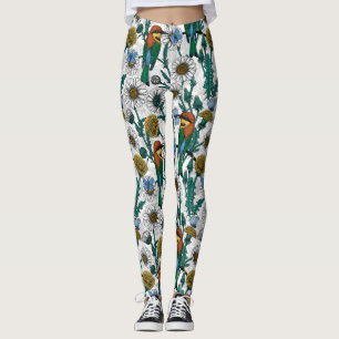 Bee-eaters, blue butterflies and daisies on white leggings