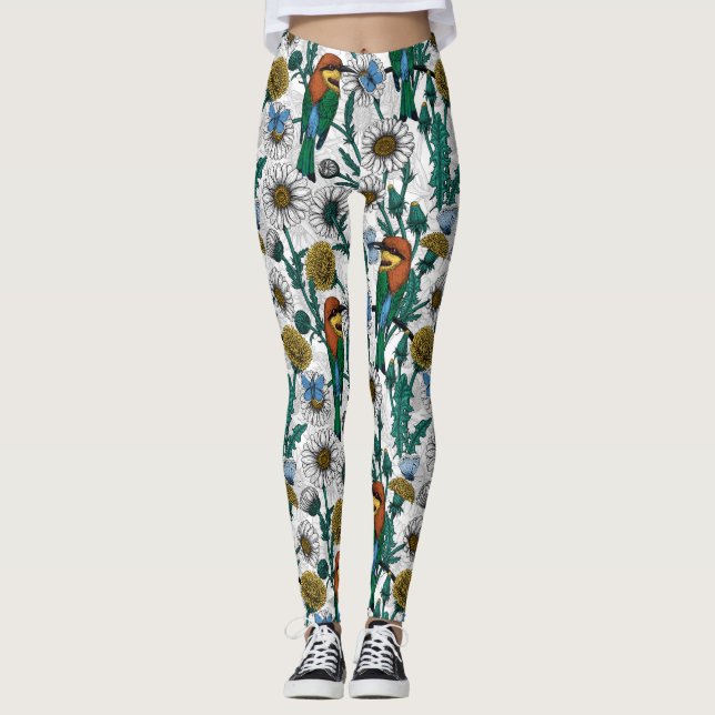 Bee-eaters, blue butterflies and daisies on white leggings (Front)